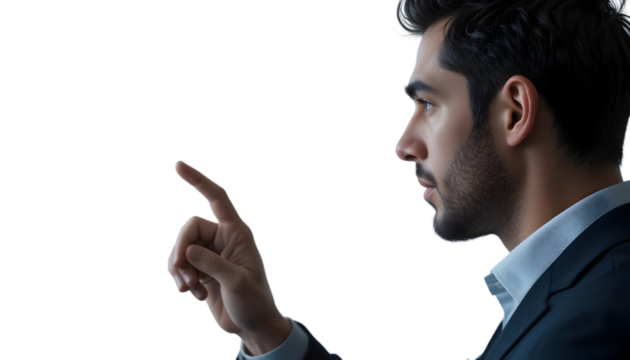 A confident young man in a suit points towards the black background, possibly interacting with a virtual interface.