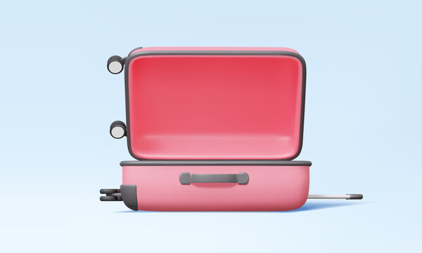 3D vector Front view open luggage pink color empty for element design ads trip tour travel adventure summer holiday season planning vacation transportation enjoy relax. cartoon illustration