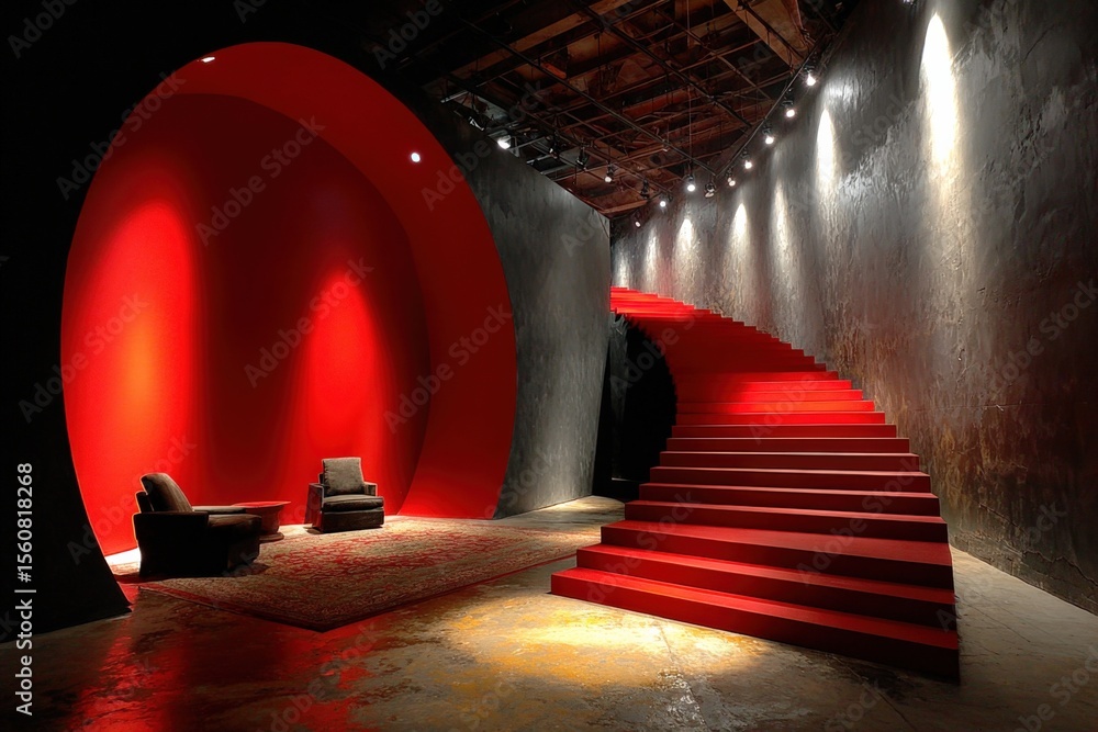 Poster modern art installation with bold red circular entrance and curved staircase in contemporary gallery