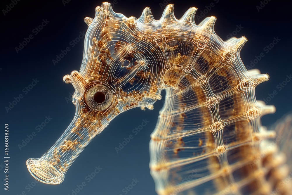 Poster Magnified detailed view of a translucent seahorse with intricate patterns and glowing features against a dark background