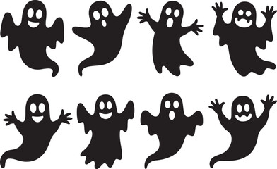 Cute black and white Halloween Ghost silhouette set. Funny cartoon Halloween elements and spooky vector icons
