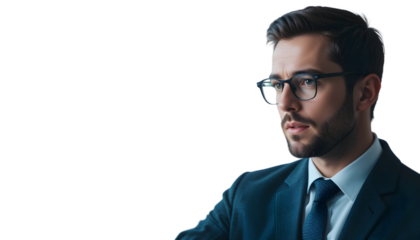 Focused businessman looks forward with a dark suit and glasses on a transparent background, suitable for business and technology projects.