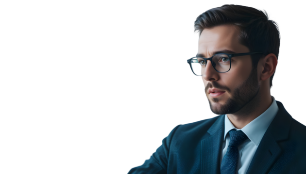 Focused businessman looks forward with a dark suit and glasses on a transparent background, suitable for business and technology projects. - Powered by Adobe