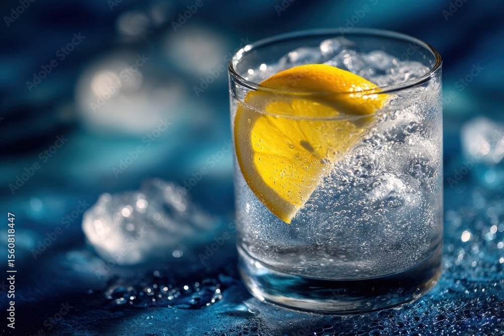 Poster Refreshing cold glass of sparkling water with lemon slice and ice cubes on dark textured surface with water splash effect