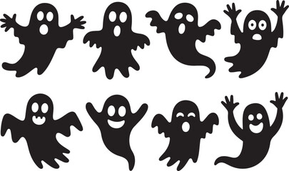 Cute black and white Halloween Ghost silhouette set. Funny cartoon Halloween elements and spooky vector icons