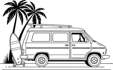 Seaside Adventure: A vintage van, fully equipped with a surfboard and palm trees, symbolizes the thrill of the beach lifestyle.
