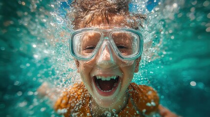 Boy with snorkel mask laughing in turquoise water, close-up of face and water drops