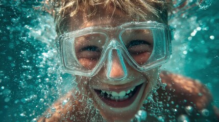 Boy with snorkel mask laughing in turquoise water, close-up of face and water drops