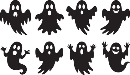 Cute black and white Halloween Ghost silhouette set. Funny cartoon Halloween elements and spooky vector icons