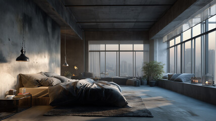 Urban penthouse bedroom with large windows