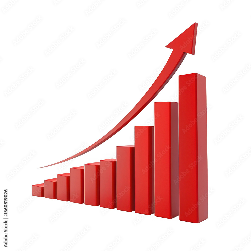 Poster 3d red bar graph with upward arrow isolated on transparent background