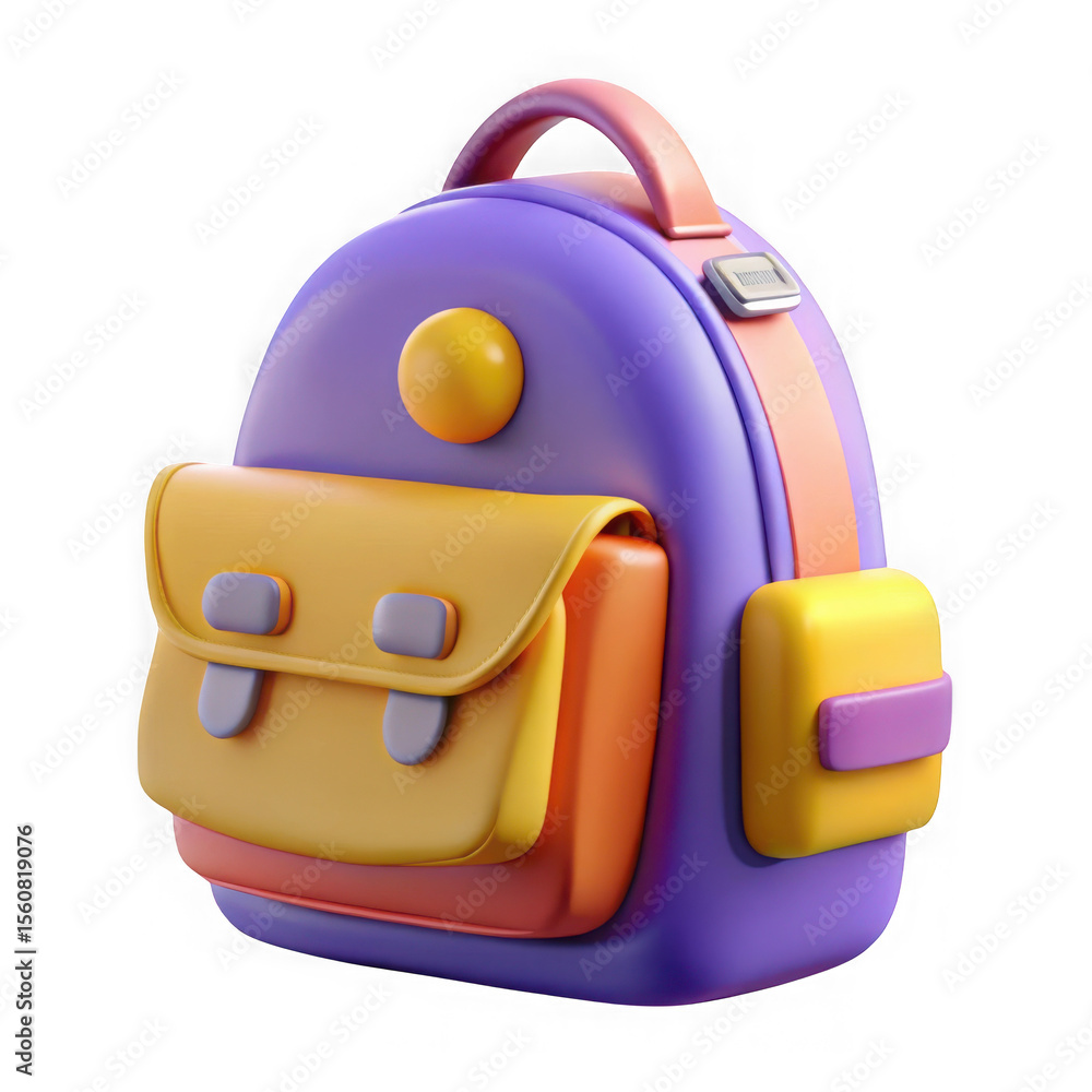 Poster colorful 3d rendered backpack with pockets and handle isolated on transparent background