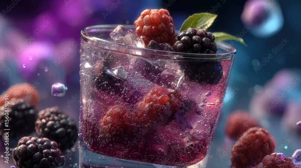 Poster Refreshing blackberry raspberry infused beverage with ice cubes in transparent glass against vibrant purple background with floating berries and sparkles