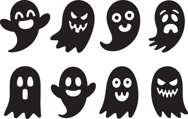 Cute black and white Halloween Ghost silhouette set. Funny cartoon Halloween elements and spooky vector icons