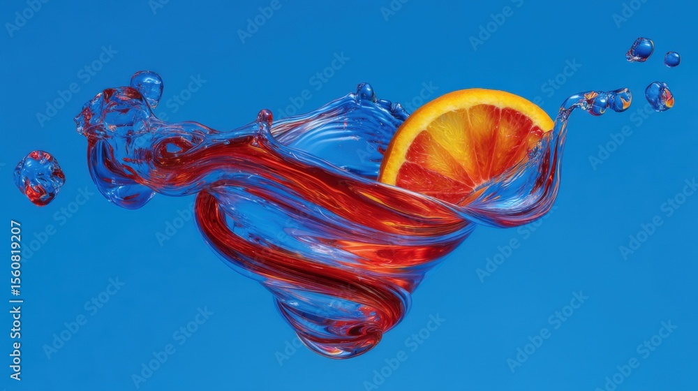 Poster vibrant orange slice submerged in splashing red and blue water with dynamic motion and vivid colors 