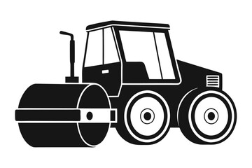 Black and White Illustration of a Road Roller with Two Wheels, Cab, and Exhaust