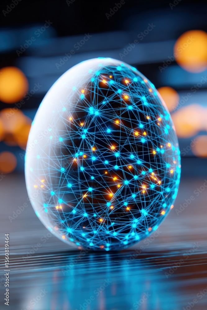 Poster Futuristic digital glowing egg with interconnected network of blue and orange light nodes on a reflective surface, high-tech artificial ligence concept