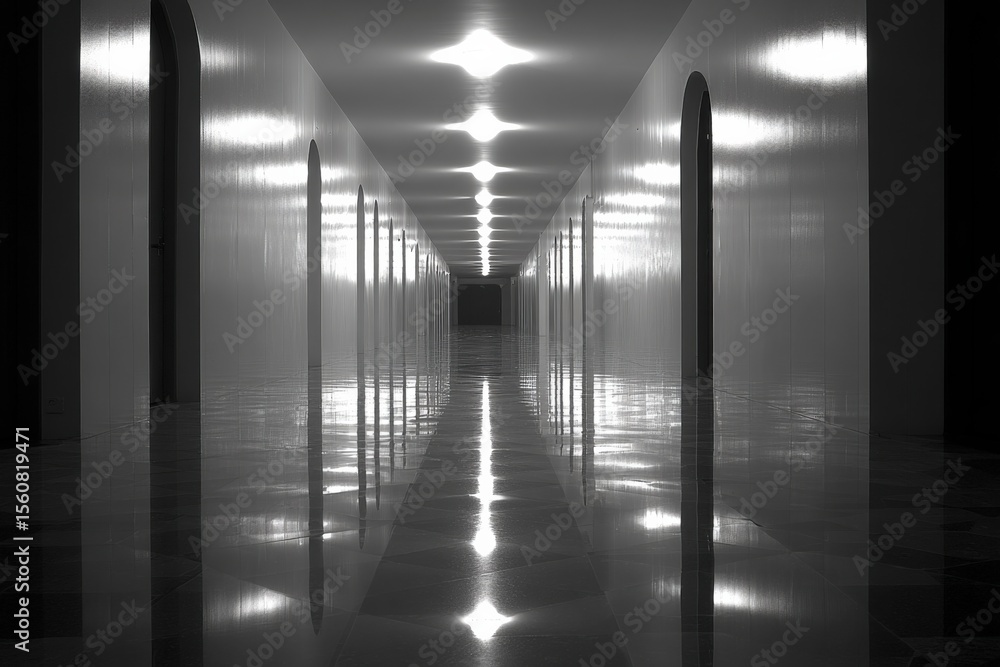 Poster long, symmetrical corridor with glossy floors and curved doorways illuminated by evenly spaced ceili