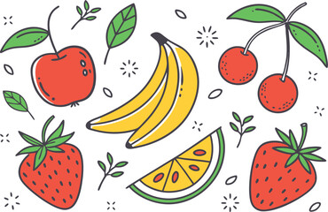 Fresh Fruits Arrangement: A delightful illustration of a vibrant array of fruits, including cherries, strawberries, apples, a banana and lemon, each bursting with color and freshness.