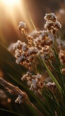 Beautiful wildflowers blooming in golden sunlight du sunset in a natural outdoor meadow setting with tall grass and soft focus background