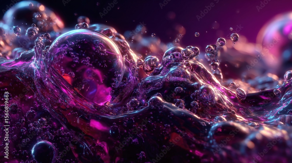 Poster vibrant abstract liquid splash with neon pink and purple colors, dynamic fluid motion and bubbles in