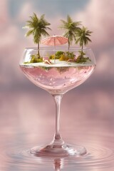 Miniature Tropical Island Paradise in Pink Cocktail Glass
