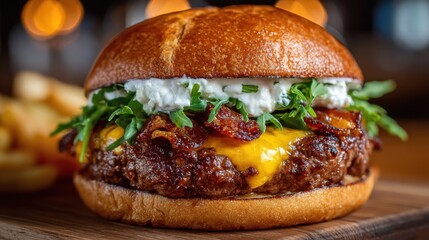 A gourmet burger stacked with melted cheddar cheese, crispy bacon, and fresh greens rests on a wooden board. Side of golden fries adds to the indulgent dining experience in a cozy atmosphere.