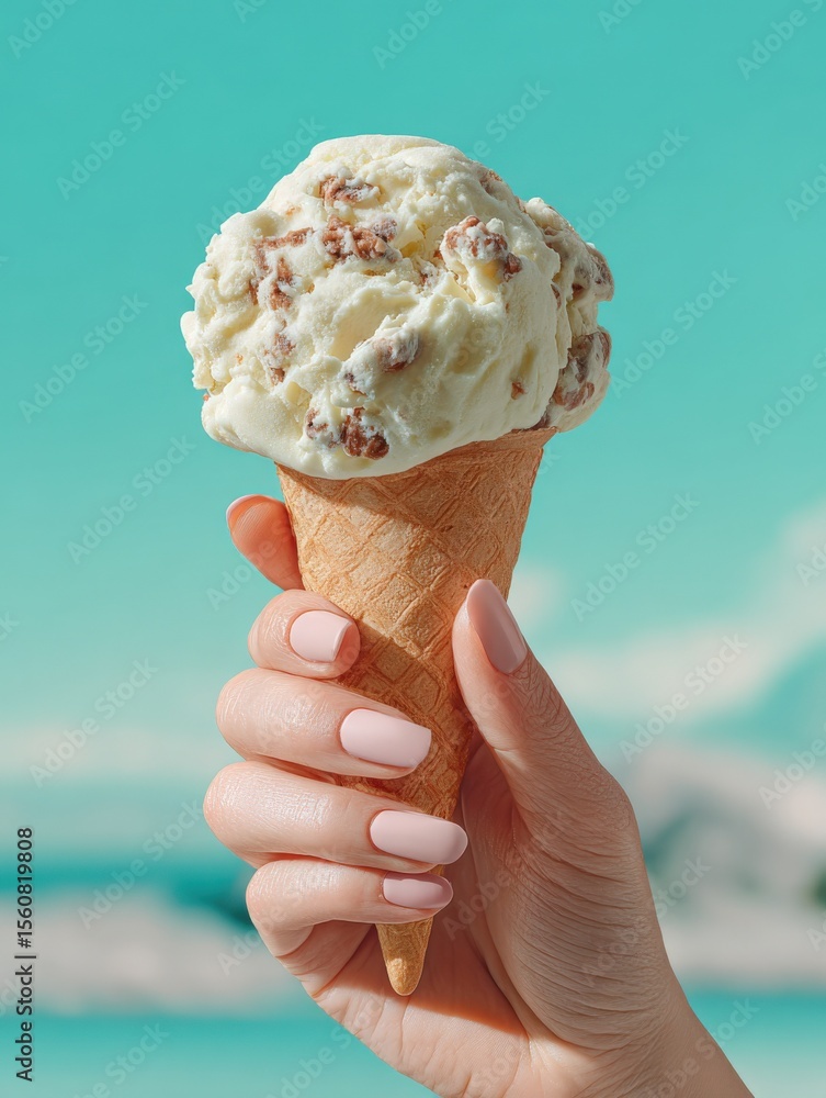 Aufkleber hand holding ice cream cone with vanilla flavor and crunchy toppings against a bright turquoise sky 