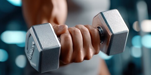 Close-up of a person's hand gripping a silver dumbbell in a modern gym with blurred equipment background for strength training and fitness workout