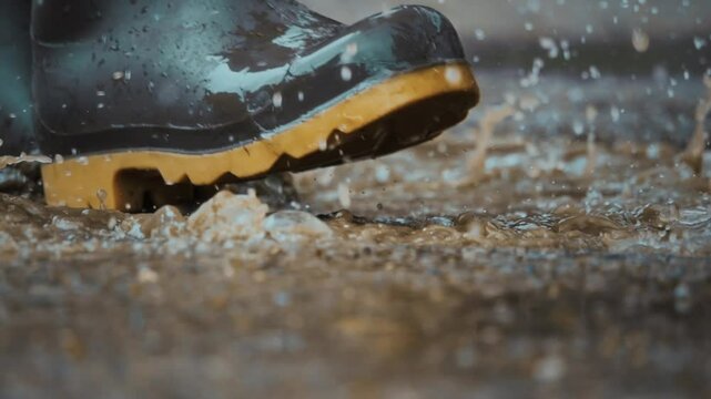 Enjoying a drizzly day splashing in water while wearing comfy rubber boots for fun