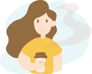 Cute girl with coffee in hands. Happy woman enjoys drink cup of coffee or tea. Hygge concept vector flat illustration
