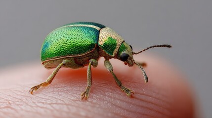 Naklejka premium Tiny green beetle crawling on fingertip, skin texture clearly visible, neutral blurred background