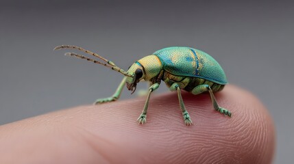 Naklejka premium Tiny green beetle crawling on fingertip, skin texture clearly visible, neutral blurred background