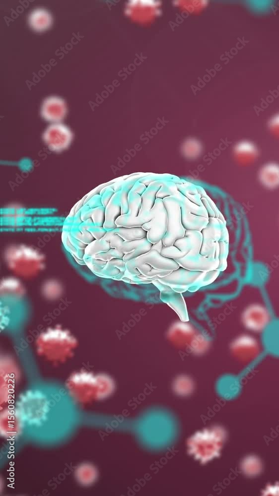 Poster animation of macro coronavirus covid-19 cells floating over a brain spinning with information