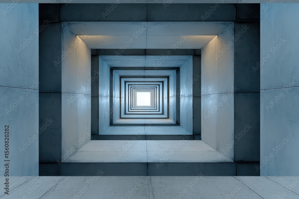 Poster Modern architectural concrete tunnel with repetitive rectangular openings in cool blue tones with lighting effects for futuristic design inspiration
