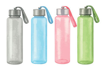 SET of watercolor minimalistic reusable water bottles. Vectors isolated on white background.