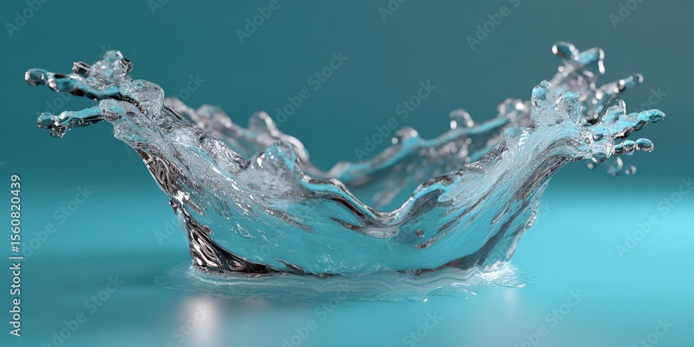 Poster High-resolution image captu a vivid and detailed splash of clear water with dynamic movement and reflections on a smooth surface against a blue background