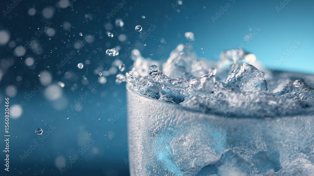 Poster Clear glass filled with ice water and splashing droplets close up on blue background for refreshment and hydration concept