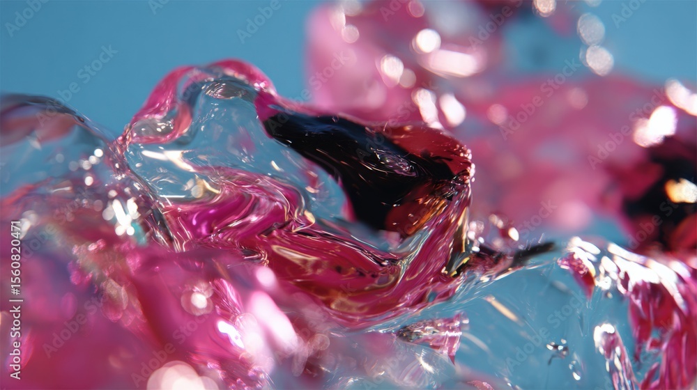 Poster close-up of vibrant pink and black melted glass art with intricate textures and glossy reflections s