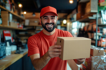  cheerful delivery worker wearing a red uniform, holding a package inside a warehouse filled with boxes and supplies