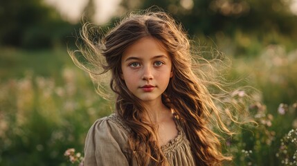 Portrait of a dreamy girl in linen dress standing in blooming meadow, wind blowing through hair