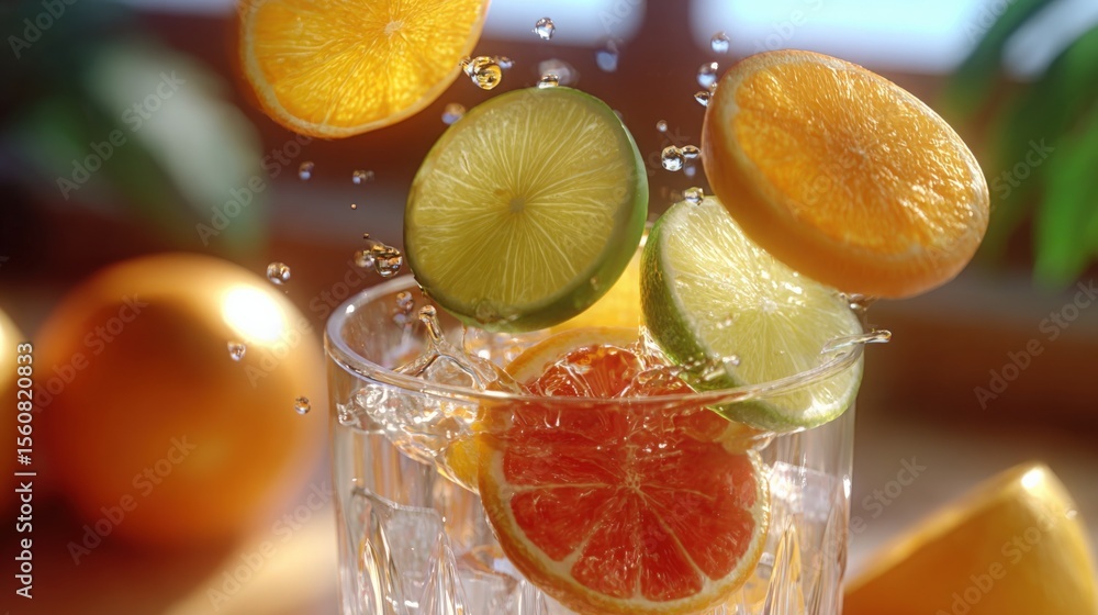 Poster assorted citrus slices including grapefruit lemon lime and orange submerged in a glass of water with