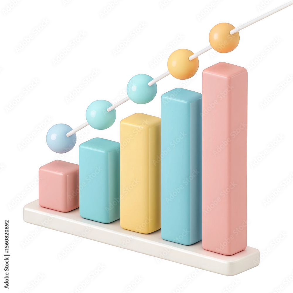 Poster 3d pastel color bar chart with rising line graph isolated on transparent background