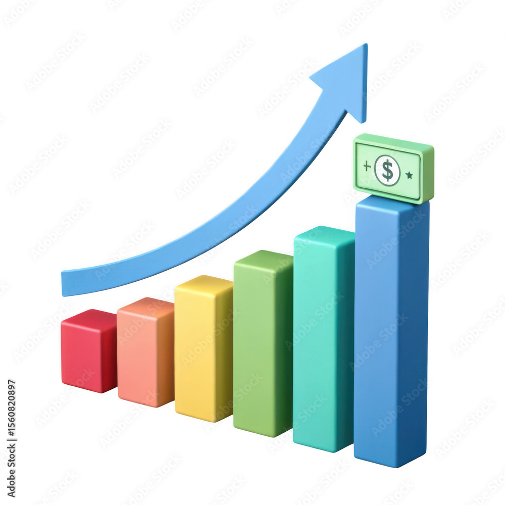 Poster 3d colorful bar graph with growth arrow isolated on transparent background