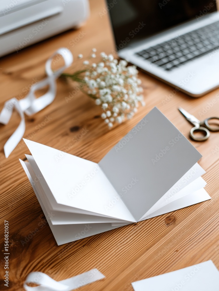 Poster open blank booklet or notebook with white pages on wooden desk with flowers and laptop for creative 