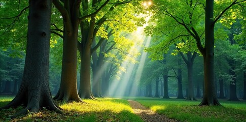 Obraz premium Majestic Beech Trees in Sun-Dappled Forest Sunlight Filters Through Canopy, Creating a Magical Atmosphere