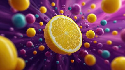 Vibrant abstract digital artwork featu a fresh lemon slice surrounded by colorful floating spheres on a dynamic purple background