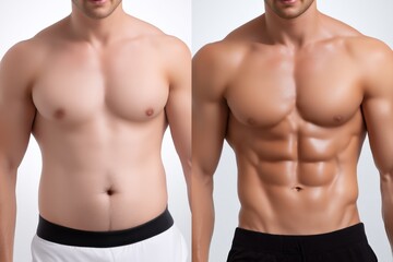 Side-by-side comparison of a man's bare upper body before and after extreme muscle gain and body transformation showing defined abs