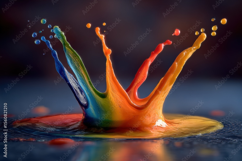 Aufkleber Vibrant Multicolored Water Splash with Dynamic Liquid Droplets in Motion on Dark Background for Artistic Abstract Composition