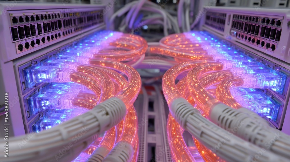 Poster multiple glowing network cables connect to devices in a data center, showcasing a blend of vibrant b